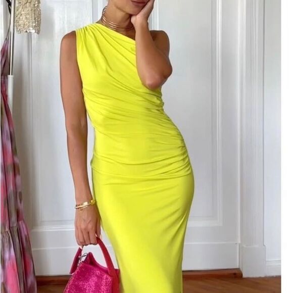 Zara One-Shoulder Lime Dress - Picture 1 of 9